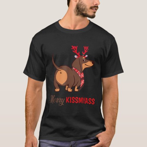 Merry Kissmyass Funny Christmas Reindeer Dachshund T_Shirt