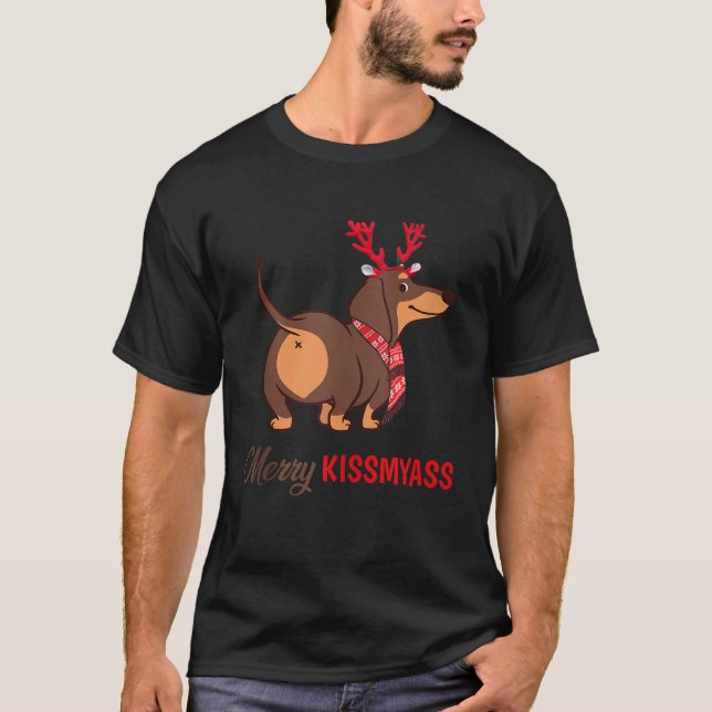 Merry Kissmyass Funny Christmas Reindeer Dachshund T-Shirt (Front)