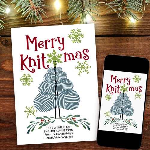 Merry Knitmas Yarn Christmas Tree and Snowflakes Holiday Card