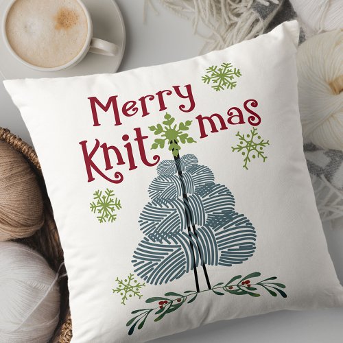 Merry Knitmas Yarn Christmas Tree Knitting Holiday Throw Pillow