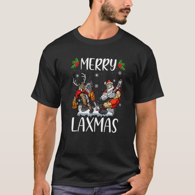 Merry Laxmas Ugly Christmas Lacrosse Santa Reindee T-Shirt (Front)