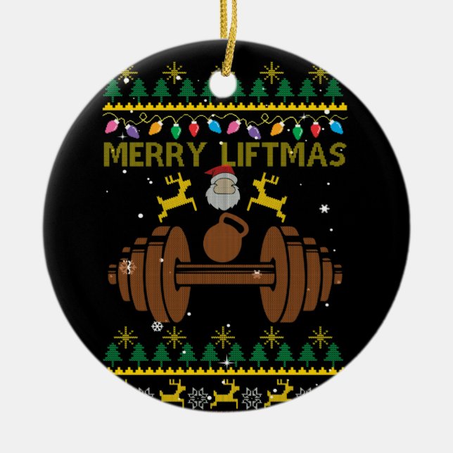 Merry Liftmas Fitness Weightlifting Bodybuilder Ceramic Ornament (Front)