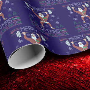 Merry Liftmas Ugly Christmas Gym Workout Blue Wrapping Paper