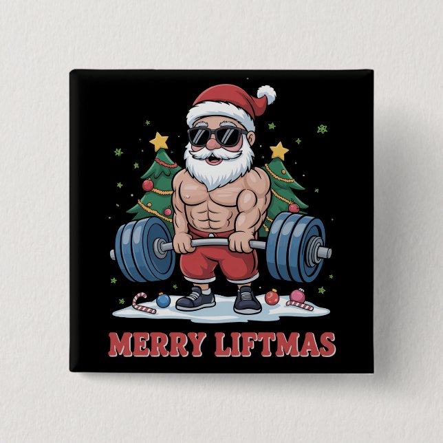 Merry Liftmas Weightlifting Santa Fitness Gym Button (Front)
