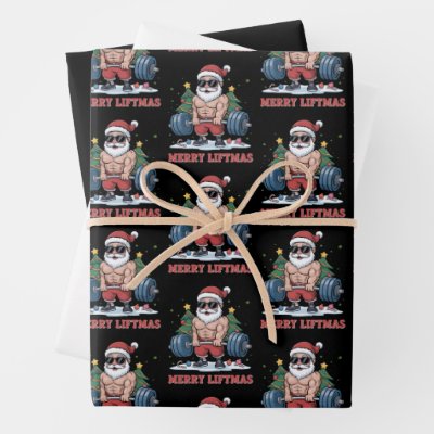 Merry Liftmas Weightlifting Santa Fitness Gym Wrapping Paper Sheets