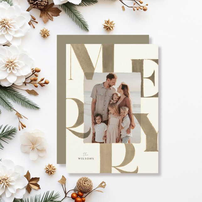 Merry Light Bronze/Gold 2 Photo Christmas Holiday Card (Creator Uploaded)