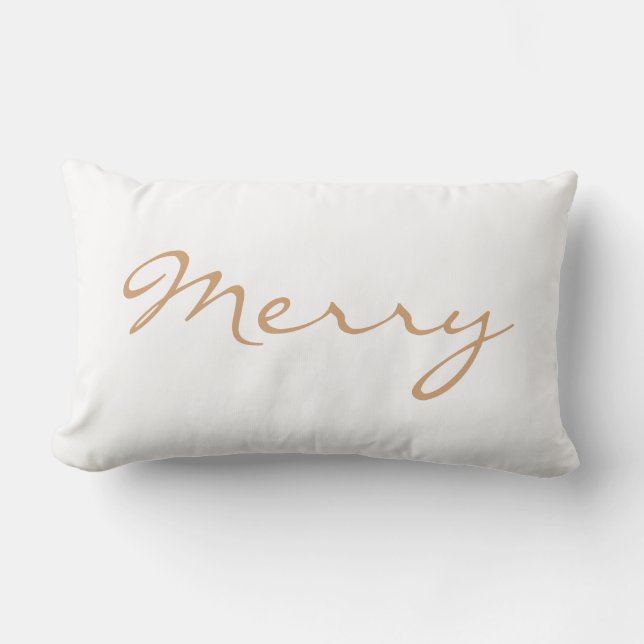 Merry Light Brown Taupe Minimal Holiday Typography Lumbar Pillow (Front)