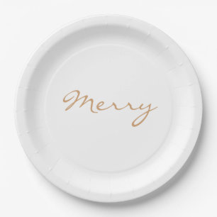Merry Light Brown Taupe Minimal Holiday Typography Paper Plates