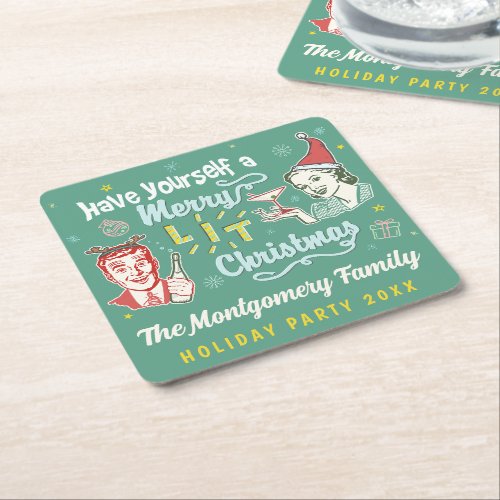 Merry Lit Christmas Retro Midcentury Modern Funny Square Paper Coaster