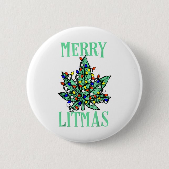 Merry litmas pot leaf christmas tree lights mariju button (Front)
