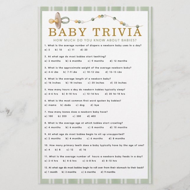 Merry Little Baby Shower Baby Trivia Game Card (Front)