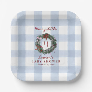 Merry Little Baby Shower Blue Gingham Paper Plates