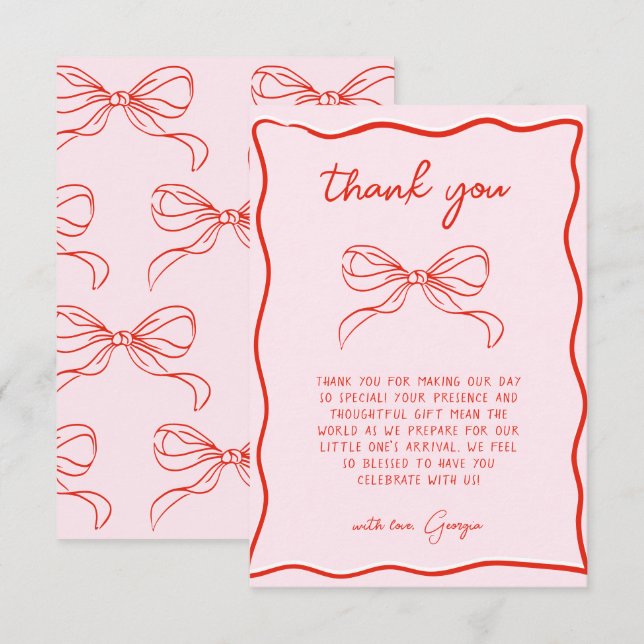 Merry Little Baby Shower Hand Drawn Bow Thank You Card (Front/Back)