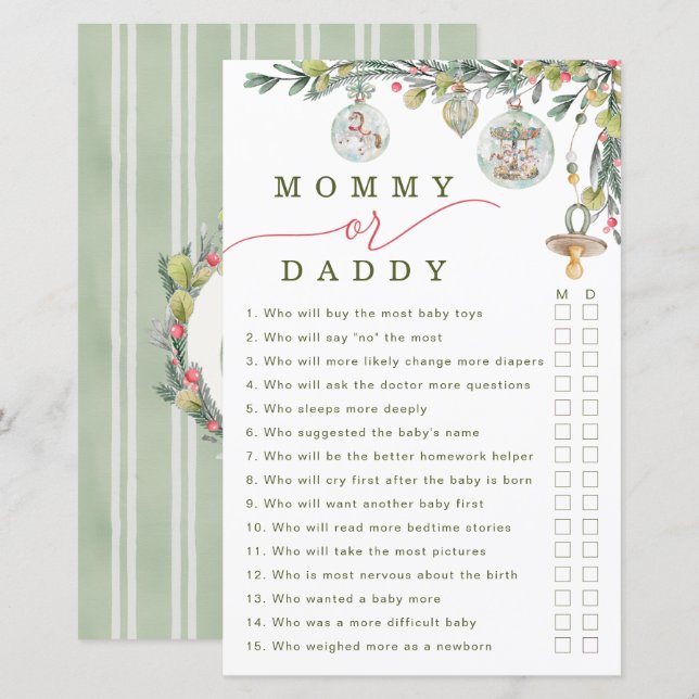 Merry Little Baby Shower Mommy or Daddy Game (Front/Back)