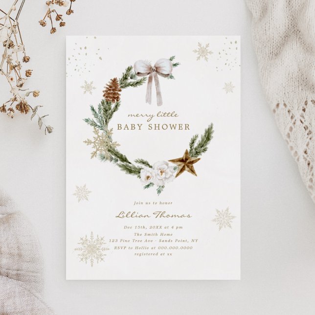 Merry Little Baby Shower Neutral Bow Wreath Invitation (Creator Uploaded)