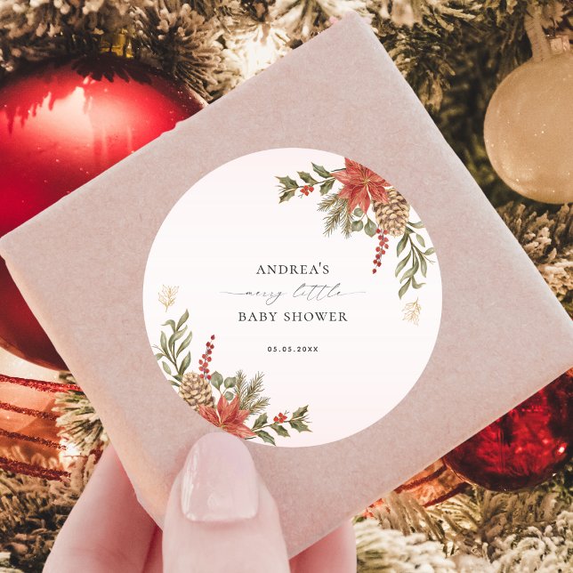 Merry Little Baby Shower Pink Red & Gold Christmas Classic Round Sticker (Creator Uploaded)