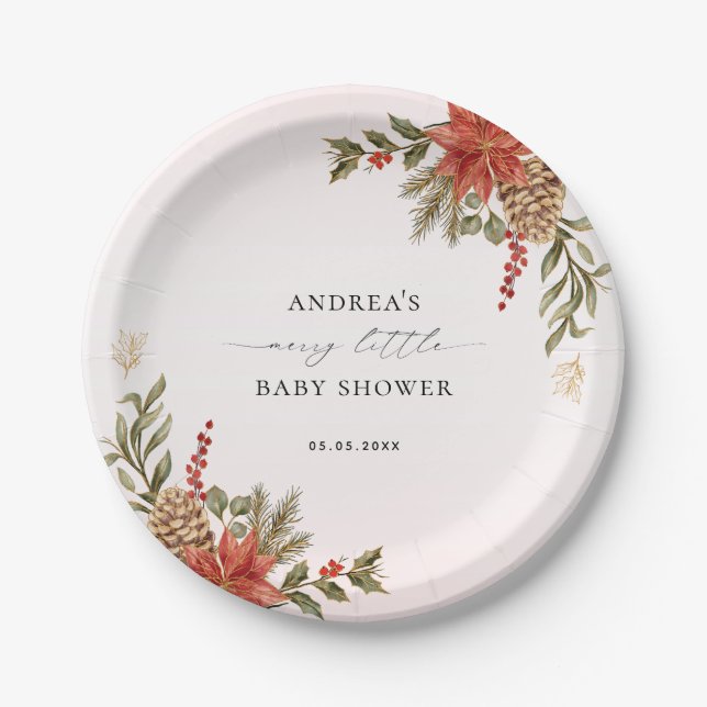 Merry Little Baby Shower Pink Red & Gold Christmas Paper Plates (Front)