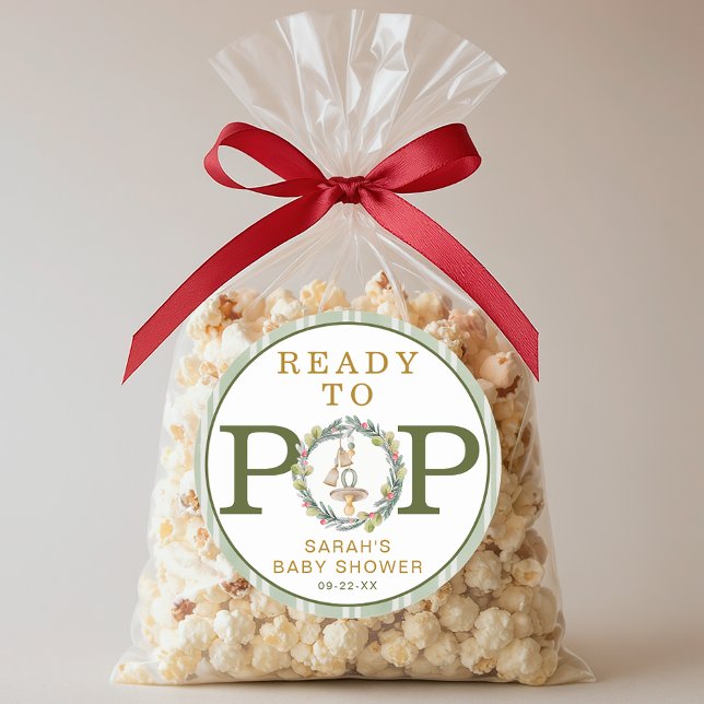 Merry Little Baby Shower “Ready to Pop” Favor Classic Round Sticker (Baby Shower Sticker)