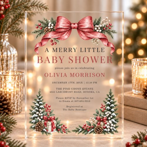 Merry Little Red Bow Acrylic Baby Shower Invitation