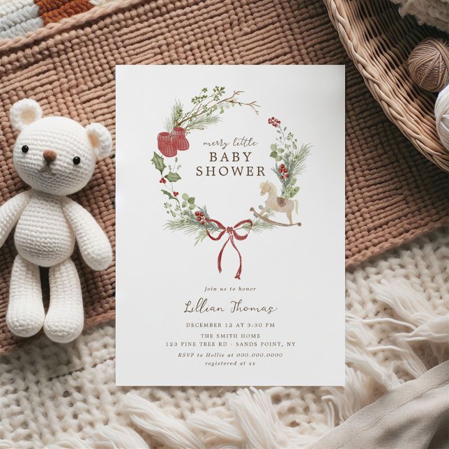 Merry Little Baby Shower Red Bow Wreath Invitation (Creator Uploaded)