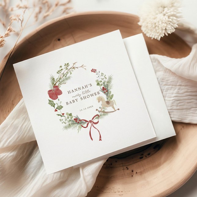 Merry Little Baby Shower Red Bow Wreath Napkins (Creator Uploaded)