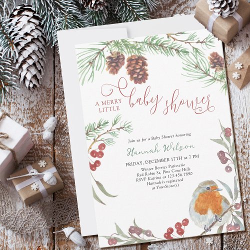 Merry Little Baby Shower Robin and Pine Invitation