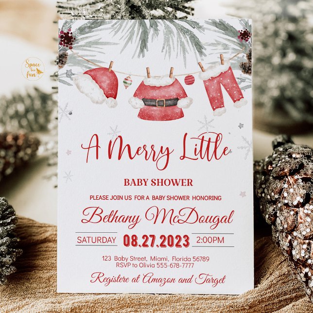 Merry Little Baby Shower Santa Baby  Invitation (A Christmas baby shower invitation with a vintage Santa, festive red and green colors, and the phras)