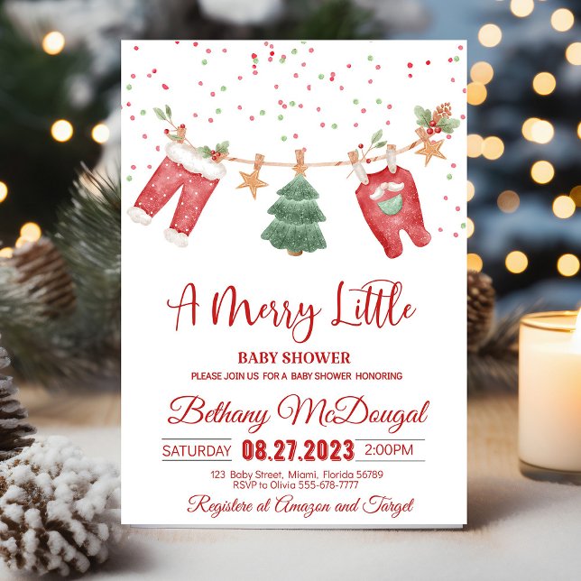 Merry Little Baby Shower Santa Baby Invitation (A Christmas baby shower invitation with a vintage Santa, festive red and green colors, and the phras)