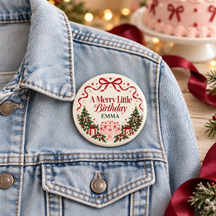 Merry Little Birthday Christmas Trees Pink Cake Button
