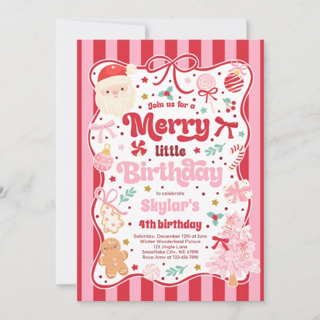 Merry Little Birthday Party Christmas Coquette Bow Invitation (Front)