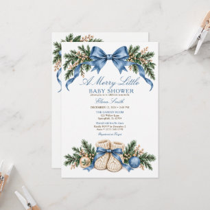 Merry Little Blue Bow Christmas Boots Baby Shower Invitation
