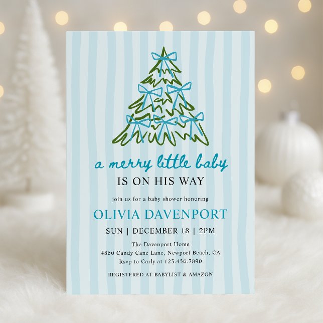 Merry Little Blue Bow Christmas Boy Baby Shower Invitation (Creator Uploaded)