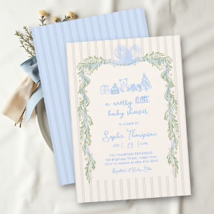 Merry Little Blue Green Greenery Boy Baby Shower Invitation