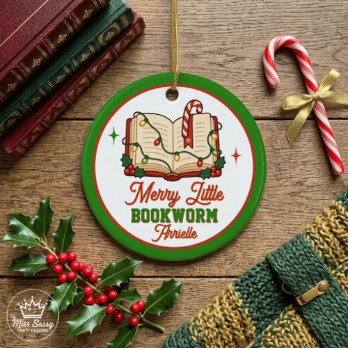 Merry Little Bookworm Reading Christmas Ceramic Ornament