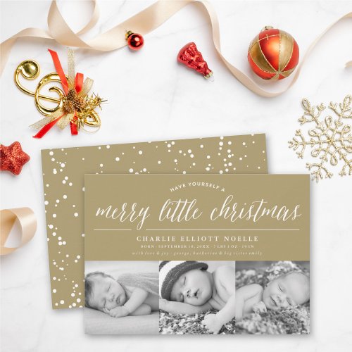 Merry Little Christmas 3 Photo Modern Baby Birth Holiday Card