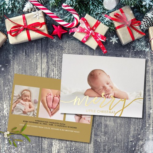 Merry Little Christmas 4 Photos Baby Birth Gold Foil Holiday Card