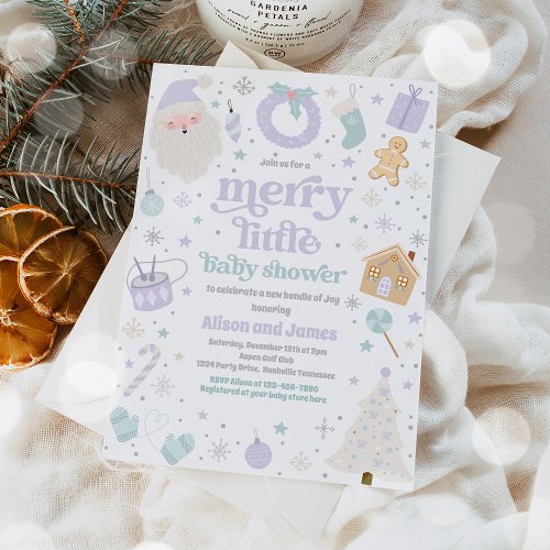 Merry Little Christmas Baby Shower Purple  Silver Invitation