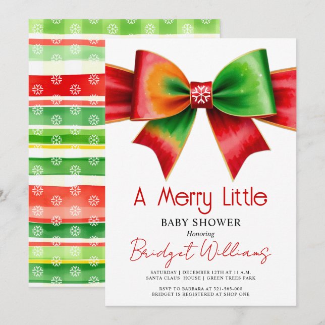 Merry Little Christmas Baby shower red, green bow Invitation (Front/Back)