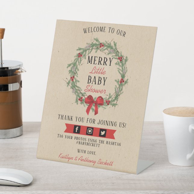 Merry Little Christmas Baby Shower Welcome Pedestal Sign (In SItu)