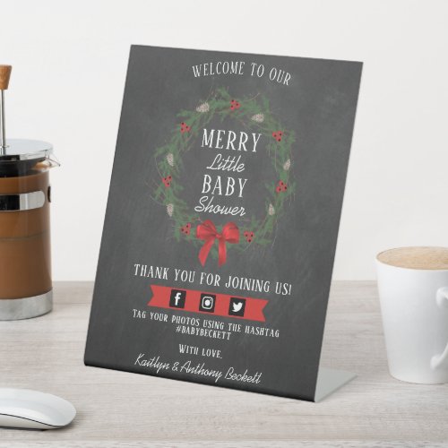 Merry Little Christmas Baby Shower Welcome Pedestal Sign