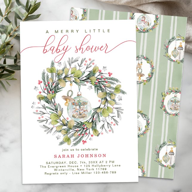 Merry Little Christmas Baby Shower Wreath Invitation (Holiday Baby Shower Theme)