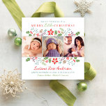 Merry Little Christmas Babys First Photo Collage Holiday Card<br><div class="desc">Stylish white square photo card features "Have yourself a Merry Little Christmas" wording in modern typestyles with custom text for the baby's name, birth date, and stats. A floral holiday border of holly, berries, leaves, pinecones, and branches frames your three (3) favorite newborn photos. Color scheme: white with red, dusty...</div>