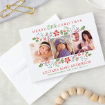 Merry Little Christmas Babys First Photo Collage Holiday Card<br><div class="desc">Stylish square photo card features "Have yourself a Merry Little Christmas" wording in modern typestyles with custom text for the baby's name, birth date, and stats. A floral holiday border of holly, berries, leaves, pinecones, and branches frames your three (3) favorite newborn photos. Color scheme: white with red, dusty purple,...</div>