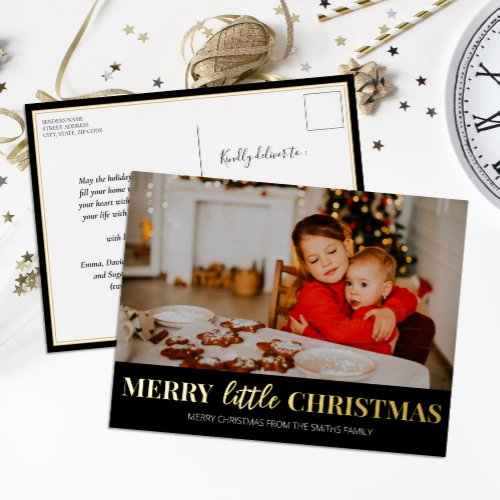 Merry Little Christmas Black Gold Modern Photo Foil Holiday Postcard