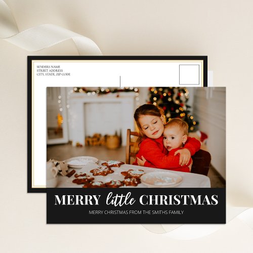 Merry Little Christmas Black Modern Script Photo Holiday Postcard