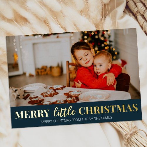 Merry Little Christmas Blue Gold Modern Photo Foil Holiday Card