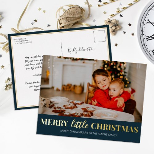 Merry Little Christmas Blue Gold Modern Photo Foil Holiday Postcard