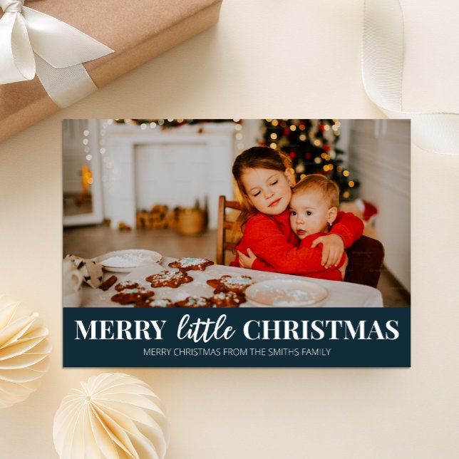 Merry Little Christmas Blue Modern Script Photo Holiday Card (Creator Uploaded)