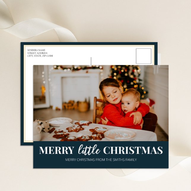 Merry Little Christmas Blue Modern Script Photo Holiday Postcard (Creator Uploaded)