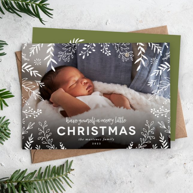 Merry Little Christmas Botanical Overlay Photo Holiday Card (Creator Uploaded)